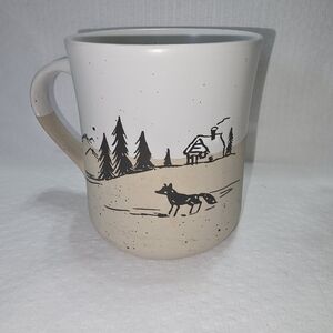 Peppermint & Pine Ceramic Mug, Textured Feel, Wilderness Scene With Fox & Cabin